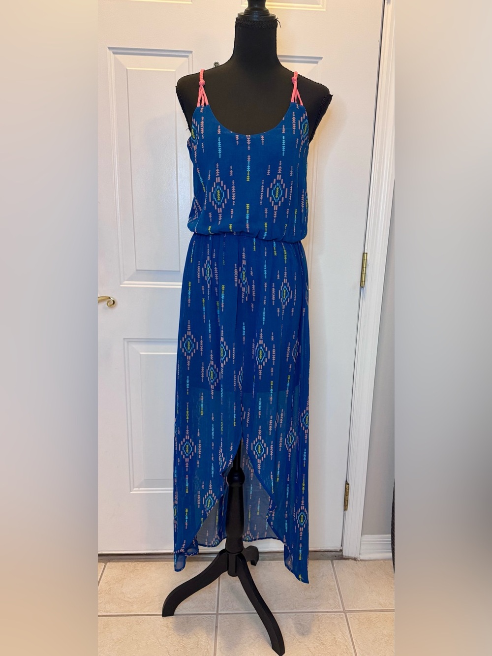 Blue Patterned Maxi Dress with Pink Strap Detail hi-lo